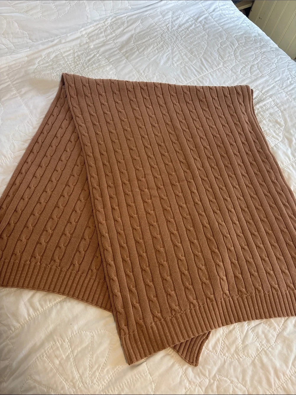 Lauren Ralph Lauren Caramel Beige Cable Knit Cotton Throw Blanket 60” x 44”